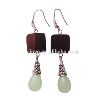 Boho Green Teardrop Stone Black Sandalwood Earrings